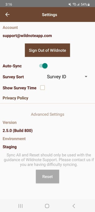 Mobile App Settings Screenshot